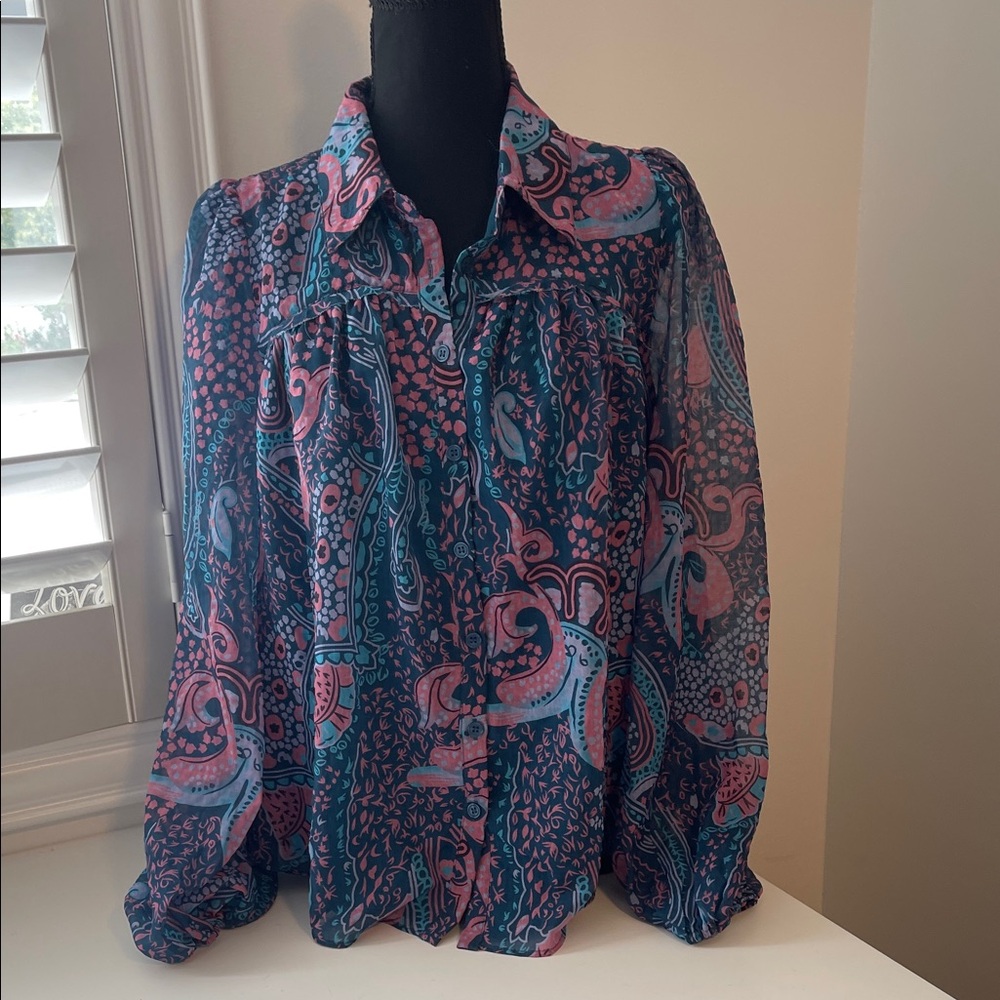 Fate Vibrant Dark Teal, Turquoise and Pink Paisley Blouse.